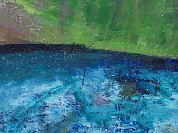 An abstract painting using blue, green and pinks.