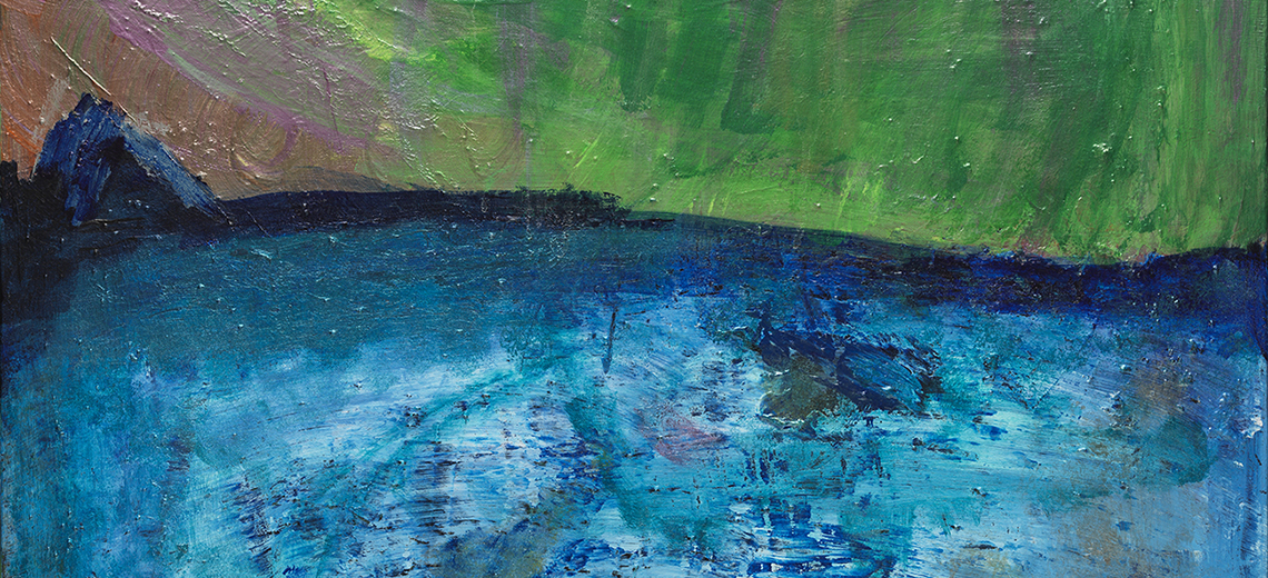 An abstract painting using blue, green and pinks.  