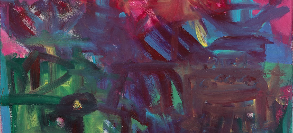 An abstract painting using red, green and blue oil paints. 