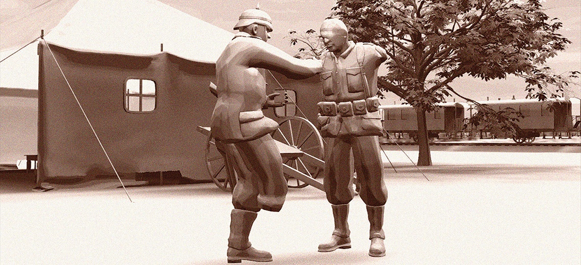 Two carved models of men standing together.