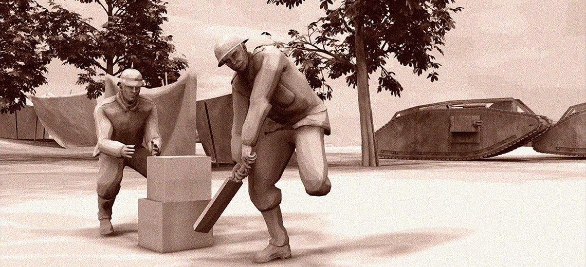 Two carved models of men playing cricket