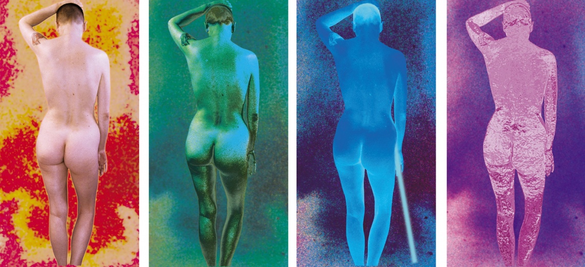 The back of a naked person repeated four times in different colours. 