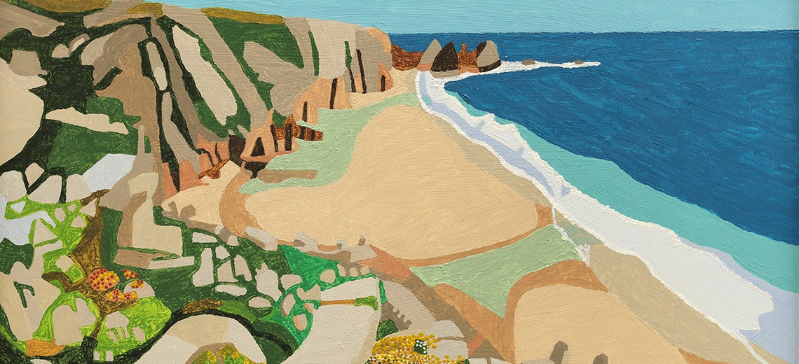 A painting of a coastal scene.  