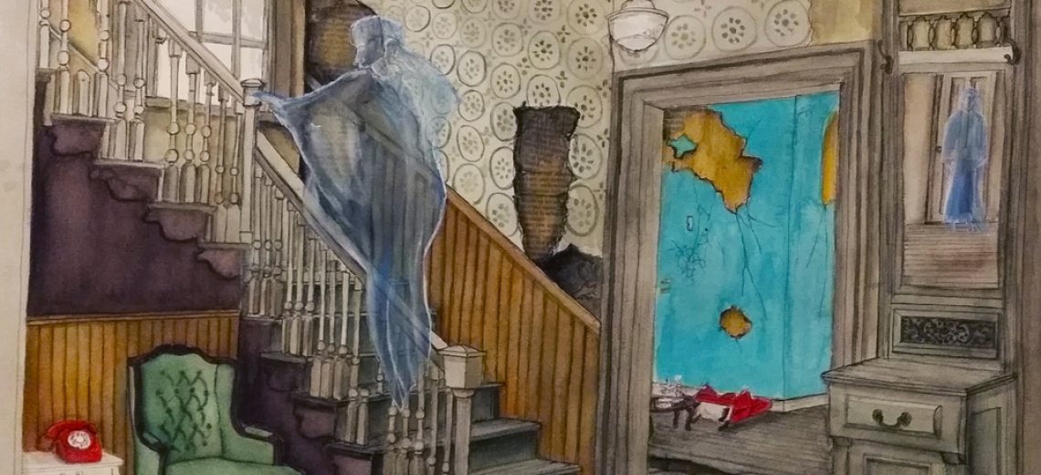 A dilapidated hallway with a ghostly figure climbing the stairs.