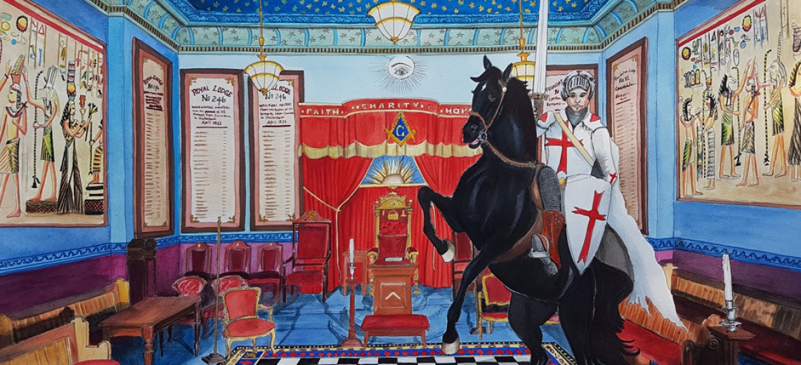 A grand room with rich colours. There is a black horse rearing up ridden by a knight. 