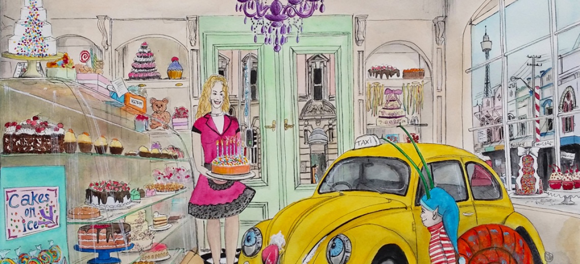 A yellow VW Beetle and a snail with a human face, being served a cake with candles in a grand cake shop. 