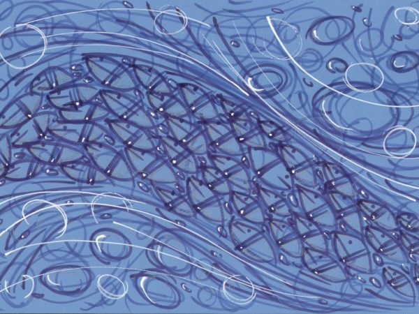 Blue background with hand drawn fish and circles in waves.