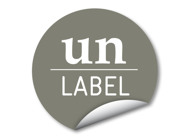 Un-Label Logo. A grey circle in which the words 