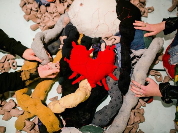 Two people reach out to touch Big Softie, a bulbous 12 foot soft sculpture monster, composed of soft and dimpled guts made from stuffed knee socks and nylon stockings, and examine the Unidentified Remains that are scattered amongst them. At the centre of it all lies Big Softie’s heart, a red patchwork soft sculpture with tendrils extending outward.