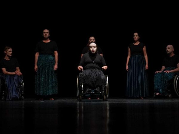 from the performance Mary Stewart - 2019 full cast picture of actors 3 on wheelchairs and 3 standing