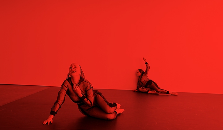 A red photograph of two performers in black mesh clothing, lounging on  the floor, one with a wide alluring smile.
