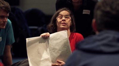 Image of Serbian writer, choreographer and performer Natalija Vladisavljević leading a work session with her dance group.