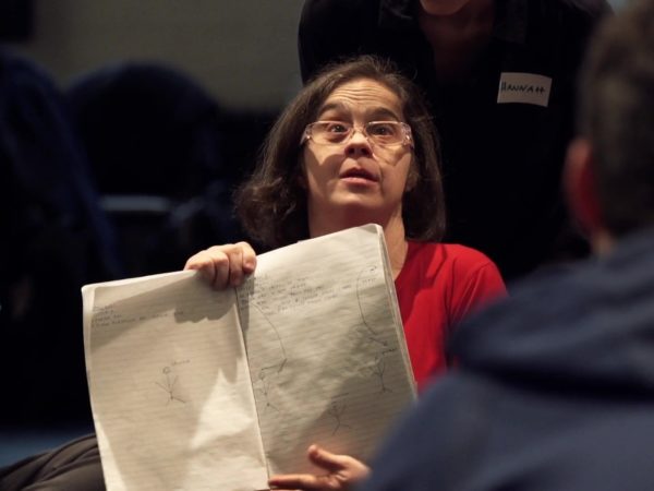 Image of Serbian writer, choreographer and performer Natalija Vladisavljević leading a work session with her dance group.