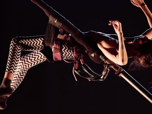 A white woman with zigzag tights leans back suspended in the air and supported by poles.