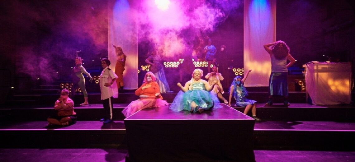 A colourful group of performers in wigs, tutus and shiny dresses